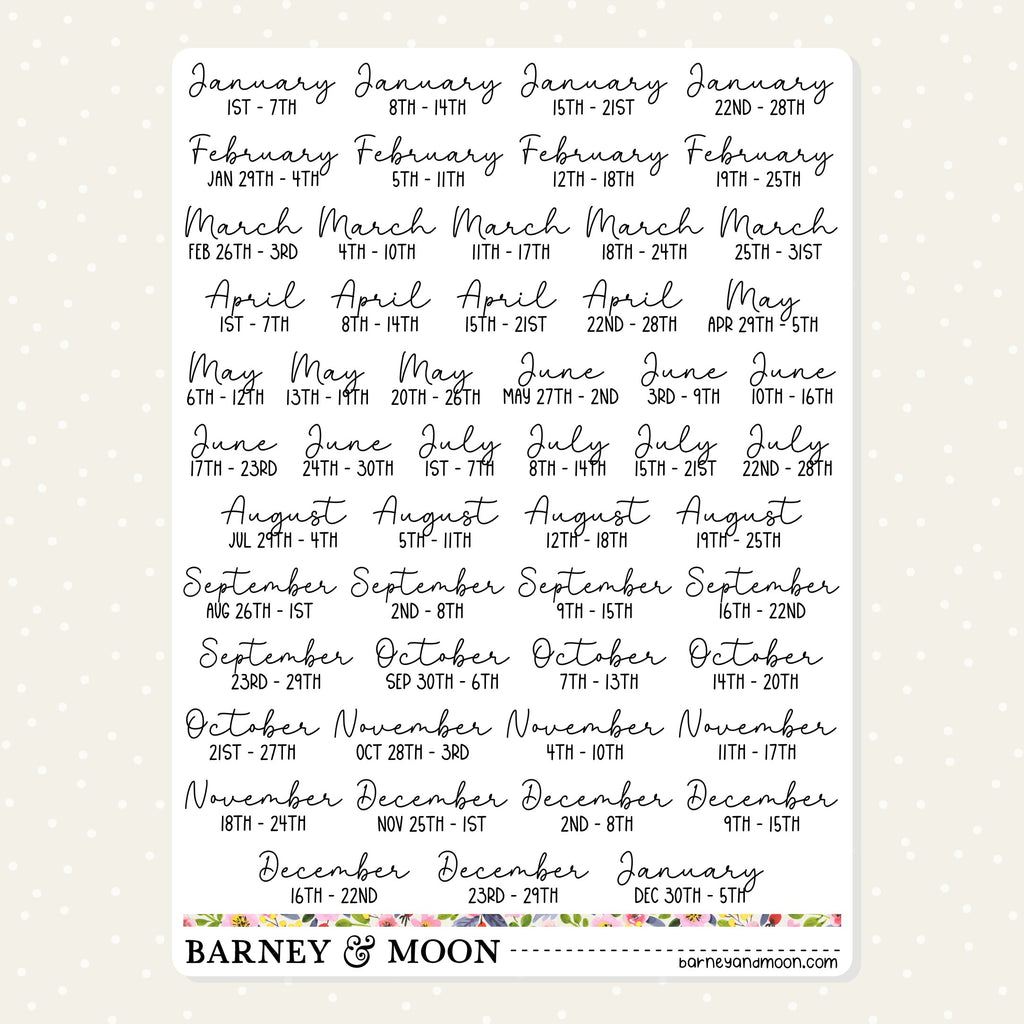 2024 yearly months and weeks labels planner stickers