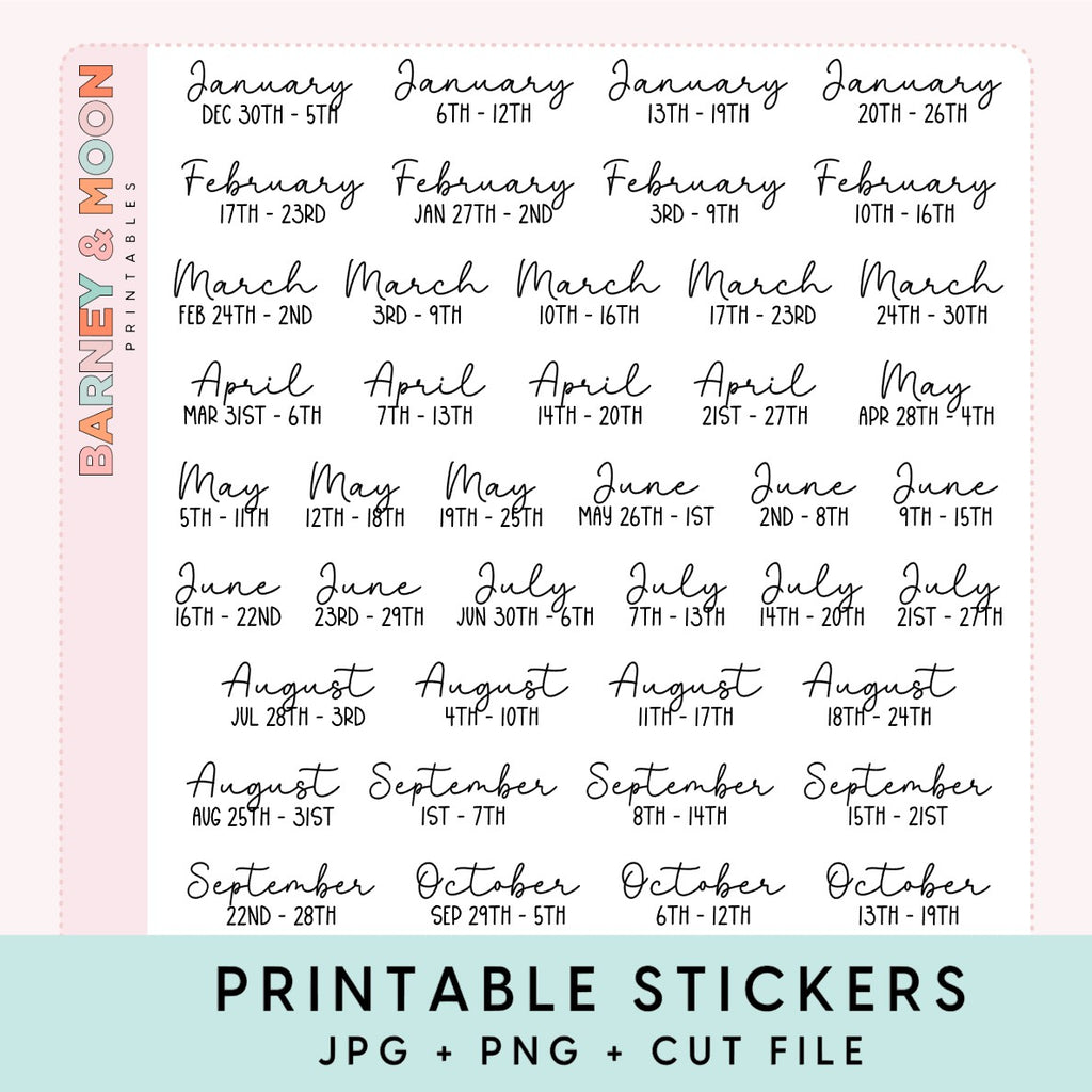 printable planner stickers 2025 months and weeks labels for planning