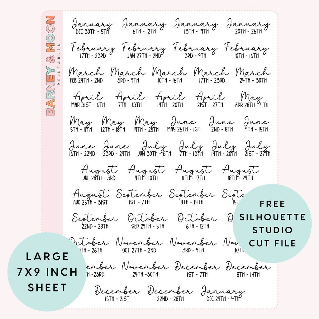 printable planner stickers 2025 months and weeks labels for planning