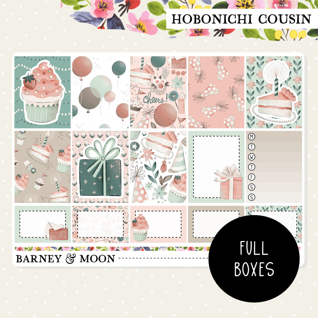 Adorable birthday-themed weekly planner sticker kit for Hobonichi Cousin planners
