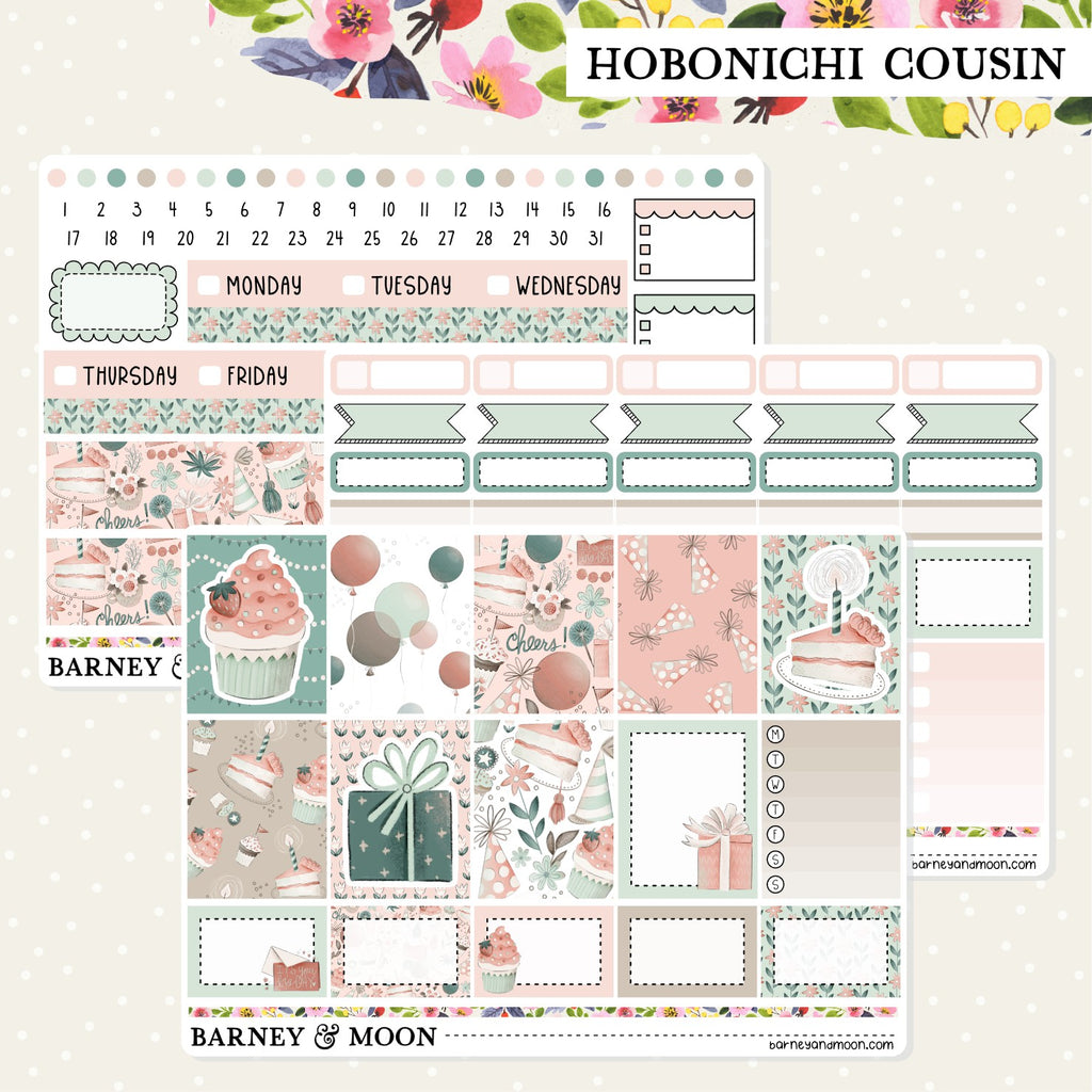 Adorable birthday-themed weekly planner sticker kit for Hobonichi Cousin planners