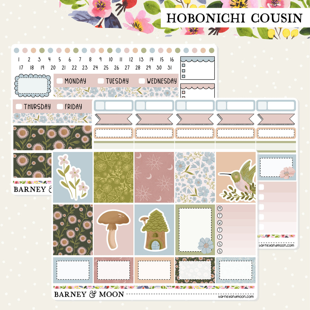 Adorable garden-themed weekly planner sticker kit for Hobonichi Cousin planners