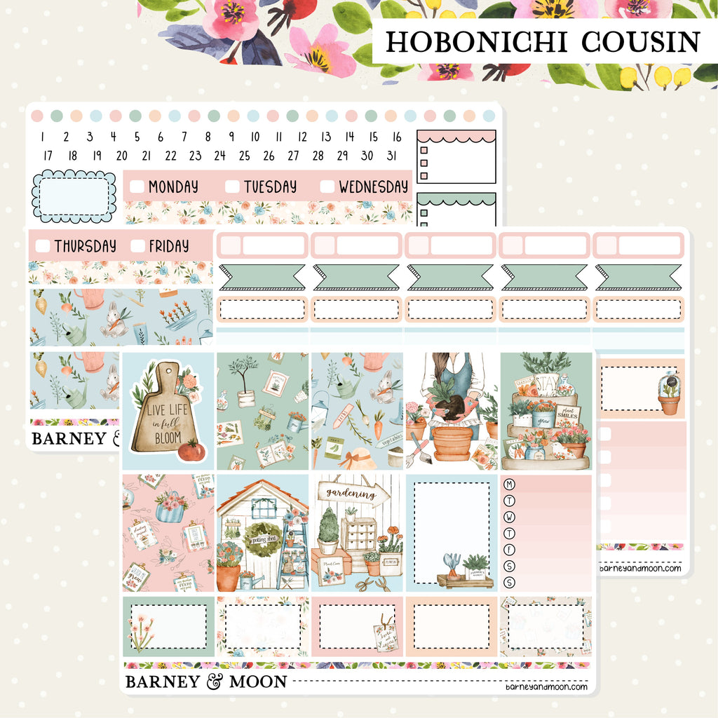 Adorable garden and plant-themed weekly planner sticker kit for Hobonichi Cousin planners