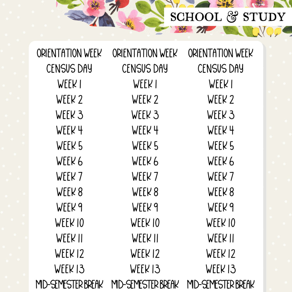 university semesters and weeks script planner stickers australia